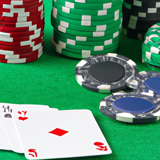 Gần cận về các con chip poker và lá bài trên bàn xanh
